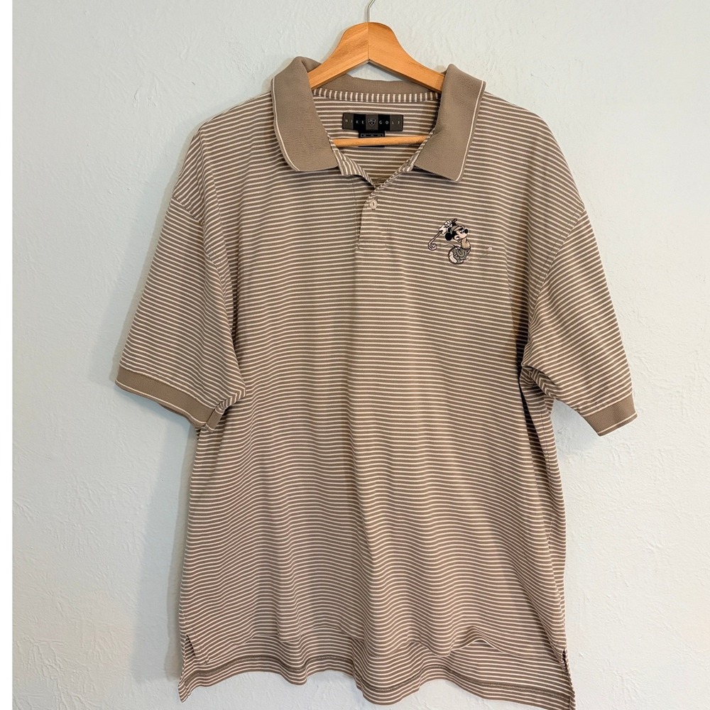 Nike Golf Polo XL Tan Striped Mickey Mouse Disney Short Sleeve Sporty Athleisure